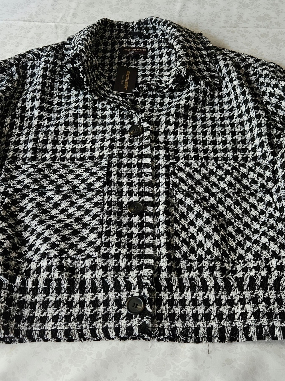 Johnston & Murphy NWT Black White Houndstooth Tweed Shacket Jacket Fringe L - Picture 13 of 15